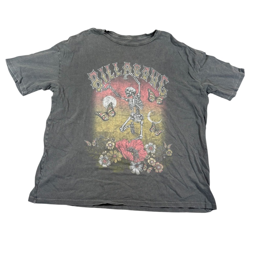 VTG Billabong Skeleton Butterfly Floral Graphic T-Shirt‎ Gray Sz M streetwear